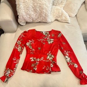 Bar III - Satin Longsleeve Floral Peplum Blouse - Size XS - Red